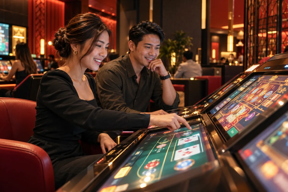 Dua pemain Asia dewasa menikmati permainan digital di lounge modern